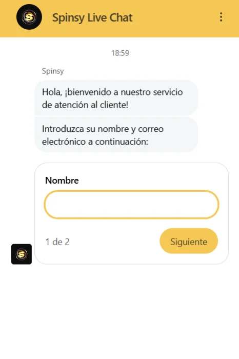 Spinsy Casino Chat en Vivo Spinsy Casino chat en vivo con formulario de nombre y atención al cliente