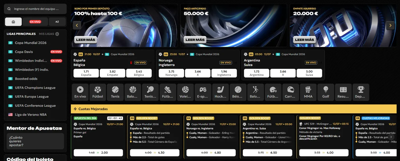 Spinsy Casino Apuestas Deportivas Spinsy Casino pantalla de apuestas deportivas con Copa Mundial 2026, cuotas mejoradas y eventos en vivo