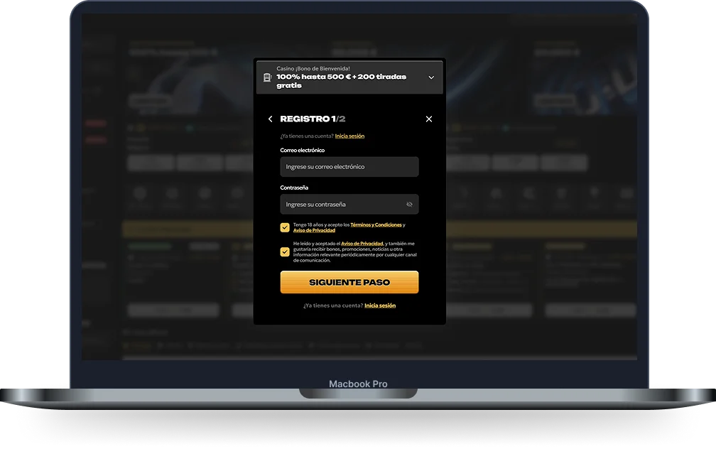 Spinsy Casino Registro en Macbook Spinsy Casino registro en Macbook con bono de bienvenida y formulario de cuenta